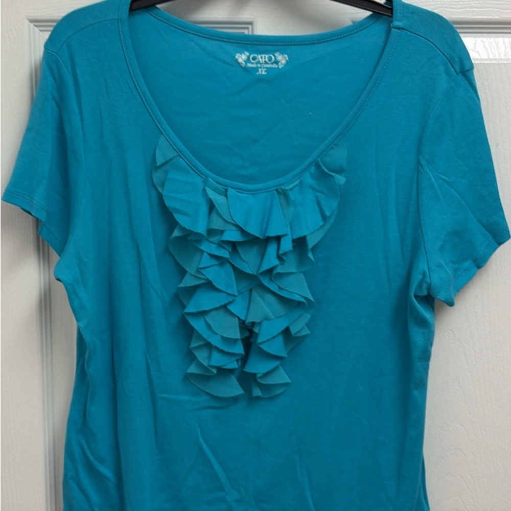 Cato Teal Ruffle Short Sleeve Top